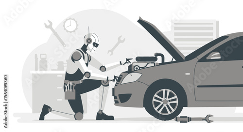Robotic Mechanic Repairing A Car Engine In A Garage Setting Illustration