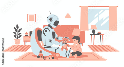 Robot Nanny Playing With A Child, Future Concept Of Artificial Intelligence At Home
