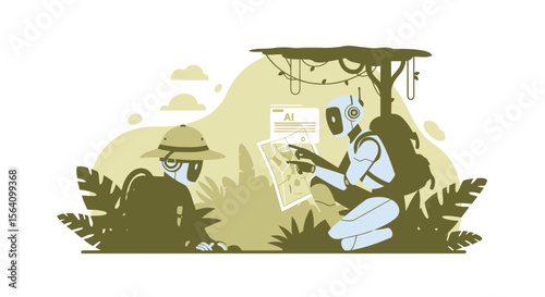 Robotic Explorers Planning Expedition In Tropical Greenery Illustration On Artificial Intelligence