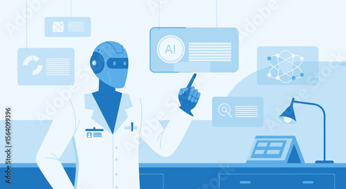 Robot Scientist Interacting With Advanced Holographic Interface In Modern Laboratory