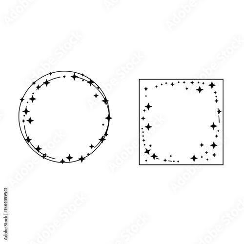 Whimsical Frames of Stars: A duo of charming, hand-drawn frames, a circle and a square, each adorned with a constellation of delicate stars. evoking a sense of enchantment and artistic flair.