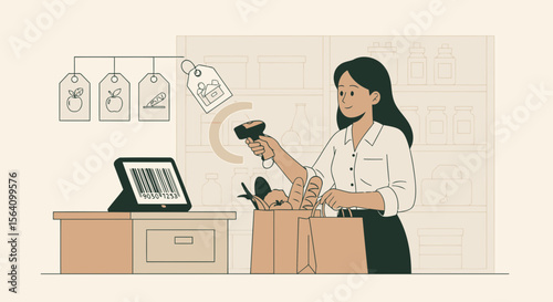 Scanning Purchases In A Grocery Store With Modern Technology And A Friendly Worker