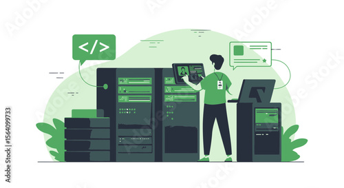 Server Room Operation Featuring a Technician Managing the Server Infrastructure