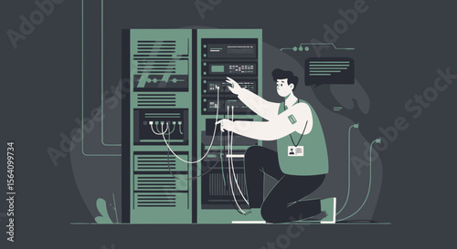 Server Maintenance Network Technician Working On Rack Data Center Infrastructure