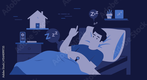 Sleepless Man Lying Awake In Bed Suffering From Insomnia At Night