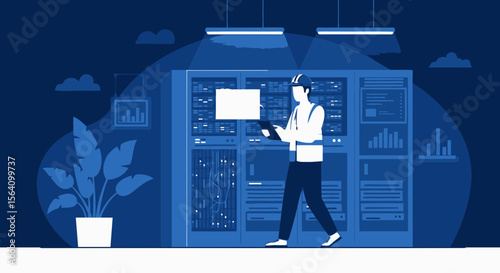 Server Room Maintenance Engineer Performing Data Center Equipment Diagnostics