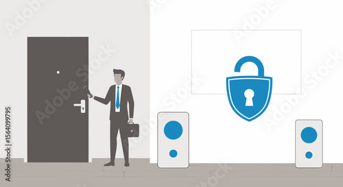 Smart Home Security: Business Man Entering Protected House With Key And Security System