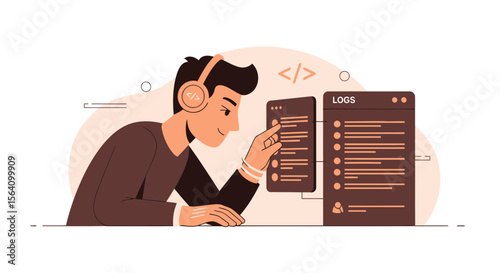 Software Developer Analyzing Code And Logs With Headphones Illustration