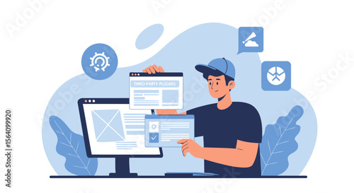 Software Developer Integrating Third Party Plugins on Computer Monitor Concept