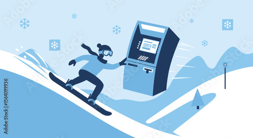 Snowboarder Interacting With Automated Teller Machine On A Snowy Mountain Slope