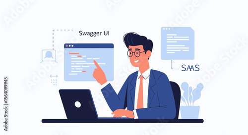 Software Engineer Analyzing Swagger Ui And Saas Platform Development Vector Illustration
