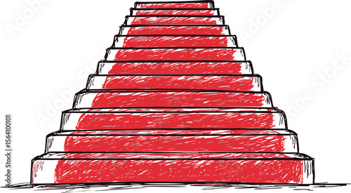 Red carpet staircase with sketchy black and white lines, unique art design. Vector illustration