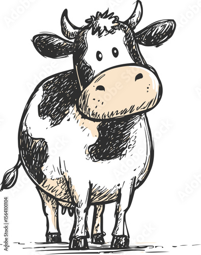 Cartoon black and white cow with a playful expression in sketch style. Vector illustration