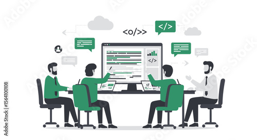 Team Discussing Digital Coding Strategy On A Shared Computer Screen At The Office