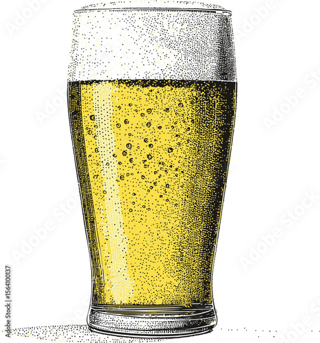 Illustrated glass of frothy pale beer with bubbles. Vector illustration in sketch style