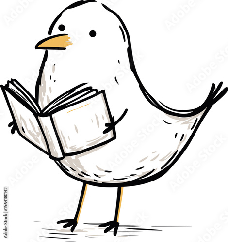 Cartoon bird reading a book with a curious expression, art. Vector illustration in sketch style