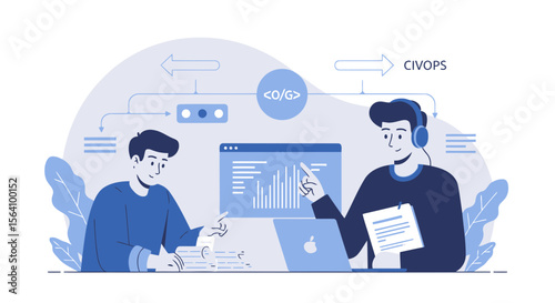 Teamwork Illustration Depicting Devops or Civops Environment With Data Presentation