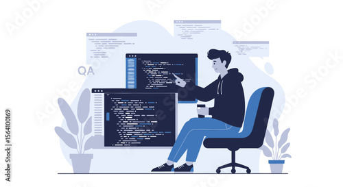 Software Engineer Working On Code At His Desk Developer Concept