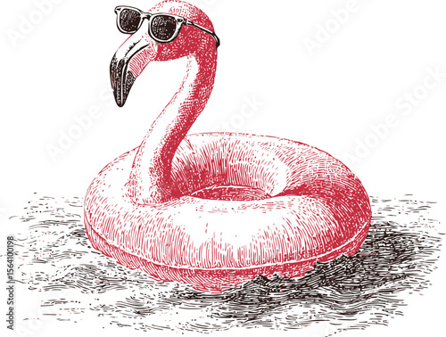 Pink inflatable flamingo tube with sunglasses in water, hand-drawn. Vector illustration in sketch style