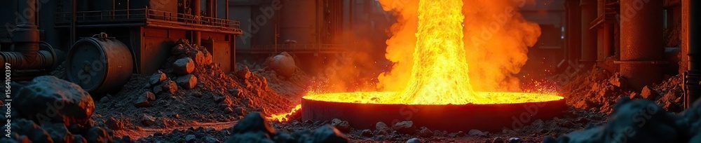 Fototapeta premium Molten Steel Boils and Bubbles in a Fiery Industrial Furnace Extreme Heat, Glowing Orange and White Light, High-Temperature Steel Production Process