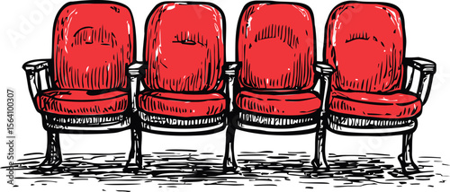 Four red theater seats in a row with black outlines, vintage drawing style. Vector illustration in sketch style