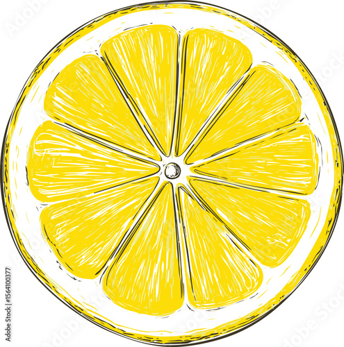 Illustration of a vibrant yellow lemon slice with detailed texture. Vector illustration in sketch style