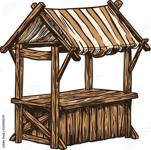 Wooden market stall with striped canopy in vintage sketch style. Vector illustration
