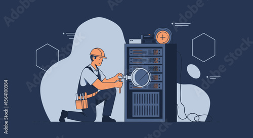 System Administrator Inspecting Server Rack With Magnifying Glass Illustration