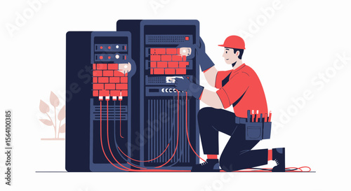 Technician Configuring Server Firewall Maintaining Data Security In Datacenter