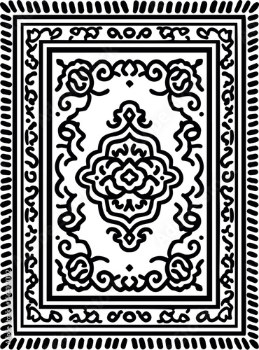 Black and white ornate geometric carpet with intricate floral elements. Vector illustration in sketch style