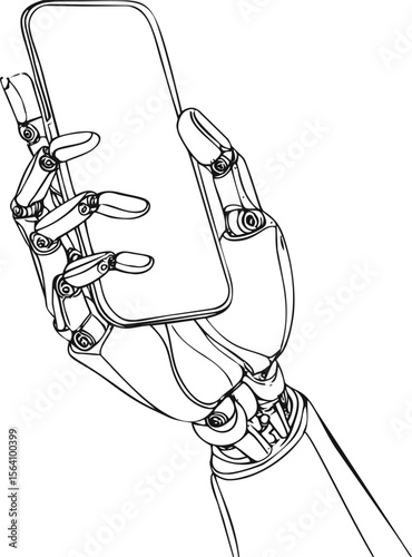 Robotic hand holding a smartphone in a line art style. Vector illustration