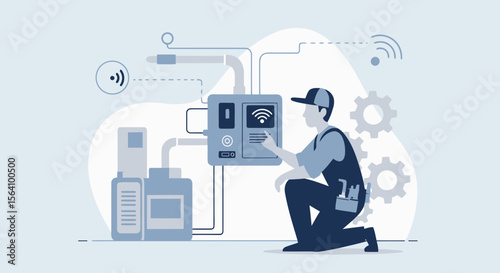 Technician Configuring Modern Factory System With Wireless Connectivity Technology