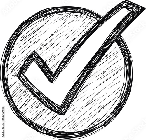 Hand-drawn black check mark in a circle sketch. Vector illustration
