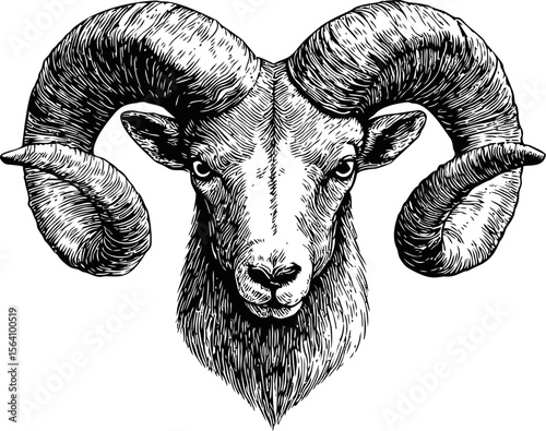 Intricate black and white sketch of a ram's head with detailed horns. Vector illustration