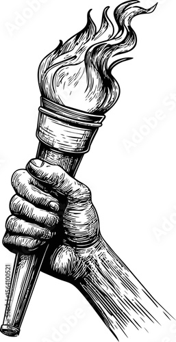 Hand holding torch with flames in black and white design. Vector illustration in sketch style