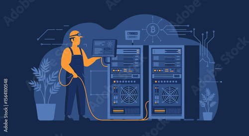 Technician Maintaining A Cryptocurrency Mining Server Farm System Illustration