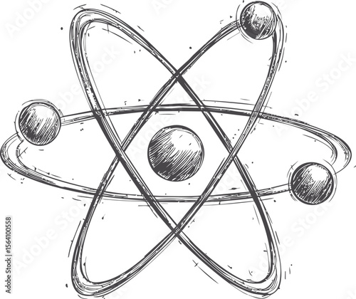Sketch of an atomic model with orbits and electrons, scientific concept. Vector illustration