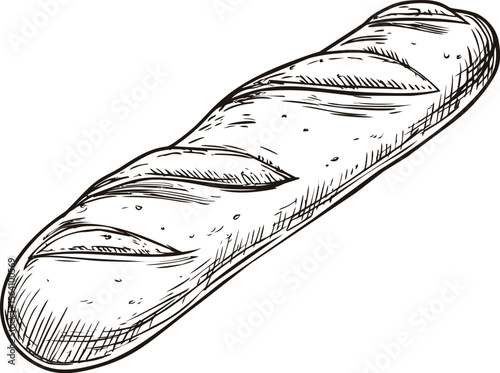 Hand drawn black and white illustration of a classic baguette. Vector illustration in sketch style