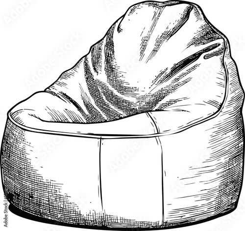 Hand-drawn illustration of a bean bag chair in black and white, detailed sketch. Vector illustration