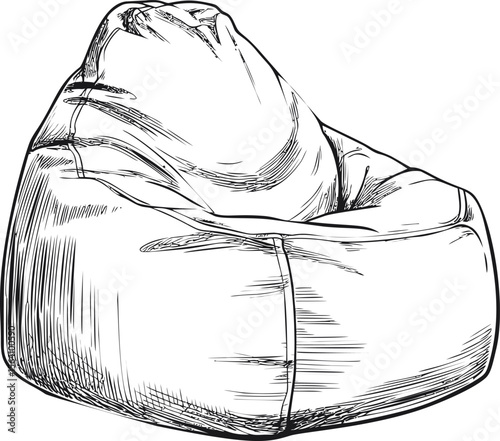 Detailed black and white illustration of a cozy beanbag chair, modern furniture sketch. Vector illustration
