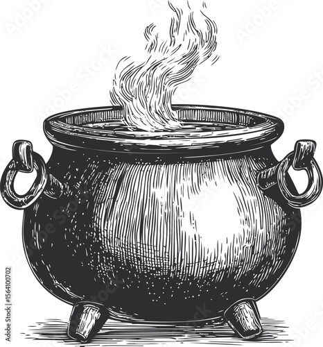 Vintage cauldron with steam rising in black and white. Vector illustration in sketch style