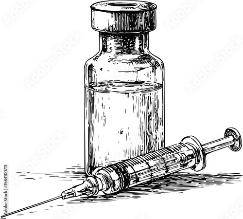Ink drawing of a medical syringe and vaccine vial. Vector illustration in sketch style