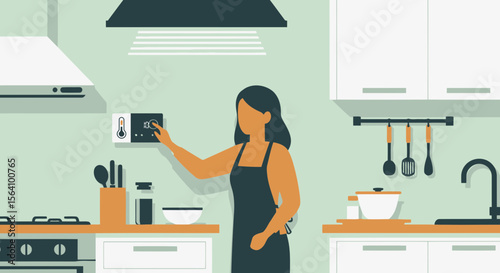 Woman Adjusting Smart Home Climate Control In Modern Kitchen Interior