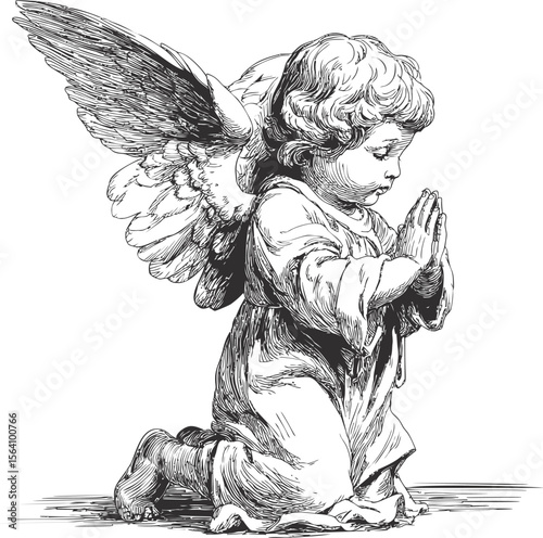 Angel kneeling in prayer with wings in detailed black and white. Vector illustration in sketch style