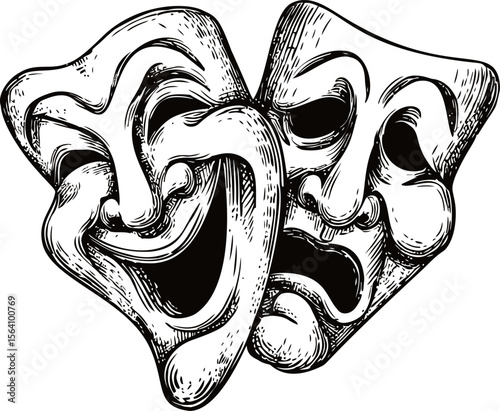 Theatrical comedy and tragedy masks line drawing in black and white illustration. Vector illustration in sketch style