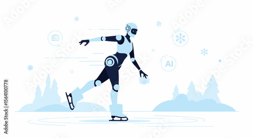 Winter Fun With Futuristic Robot Enjoying Ice Skating In Snowy Landscape
