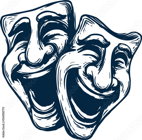 Smiling comedy and tragedy theatrical masks in classic blue. Vector illustration in sketch style