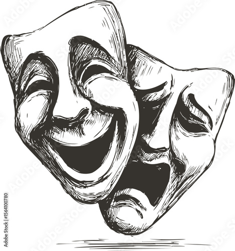 Black and white illustration of comedy and tragedy masks, theatrical concept. Vector illustration in sketch style