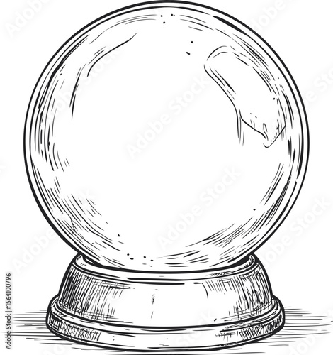 Black and white illustration of a classic crystal ball with stand. Vector illustration in sketch style