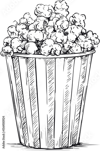 Line art illustration of popcorn overflowing from classic striped container. Vector illustration in sketch style